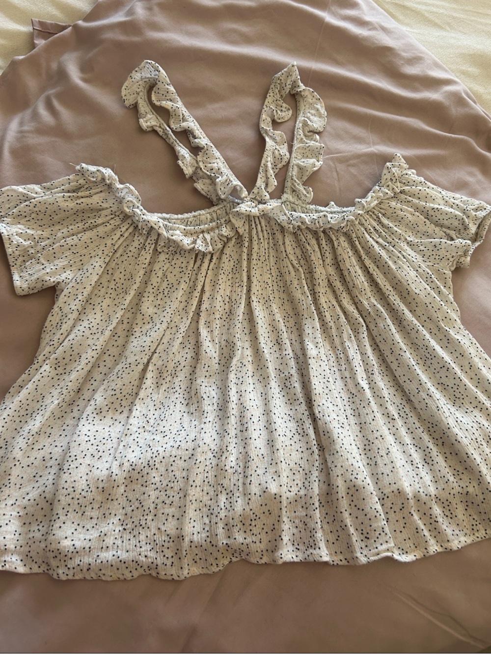 Off-Shoulder White Mini Dot Print Ruffle Top - Picture 2 of 3